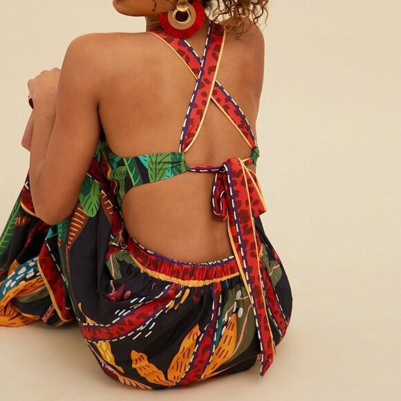 Black Boho Women's Palm Tree Print Strapless Hollow Out Dress - Picture 6 of 6